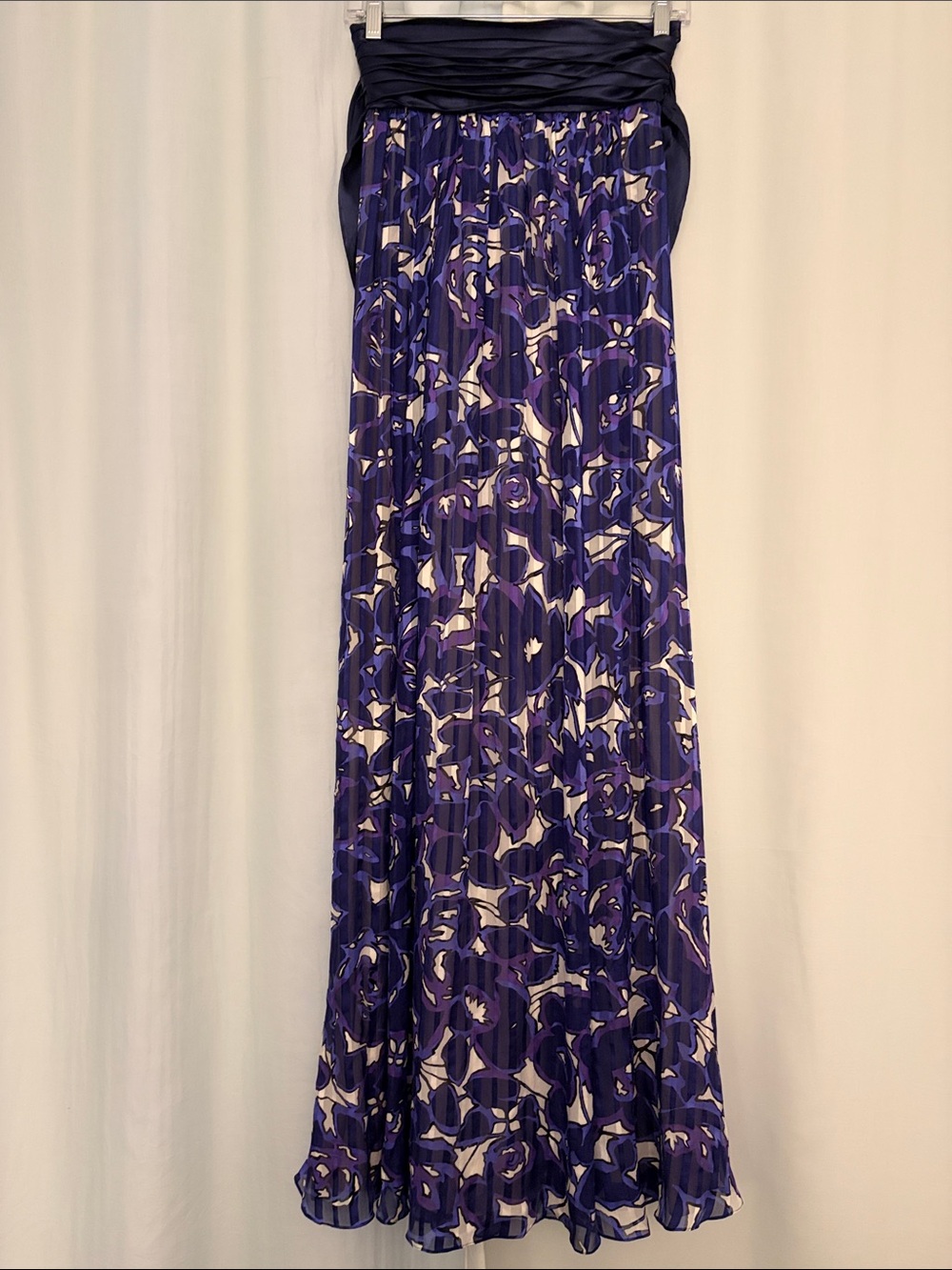 Party Formal Purple Floral Pleated Maxi Silk Dress with tie ribbon